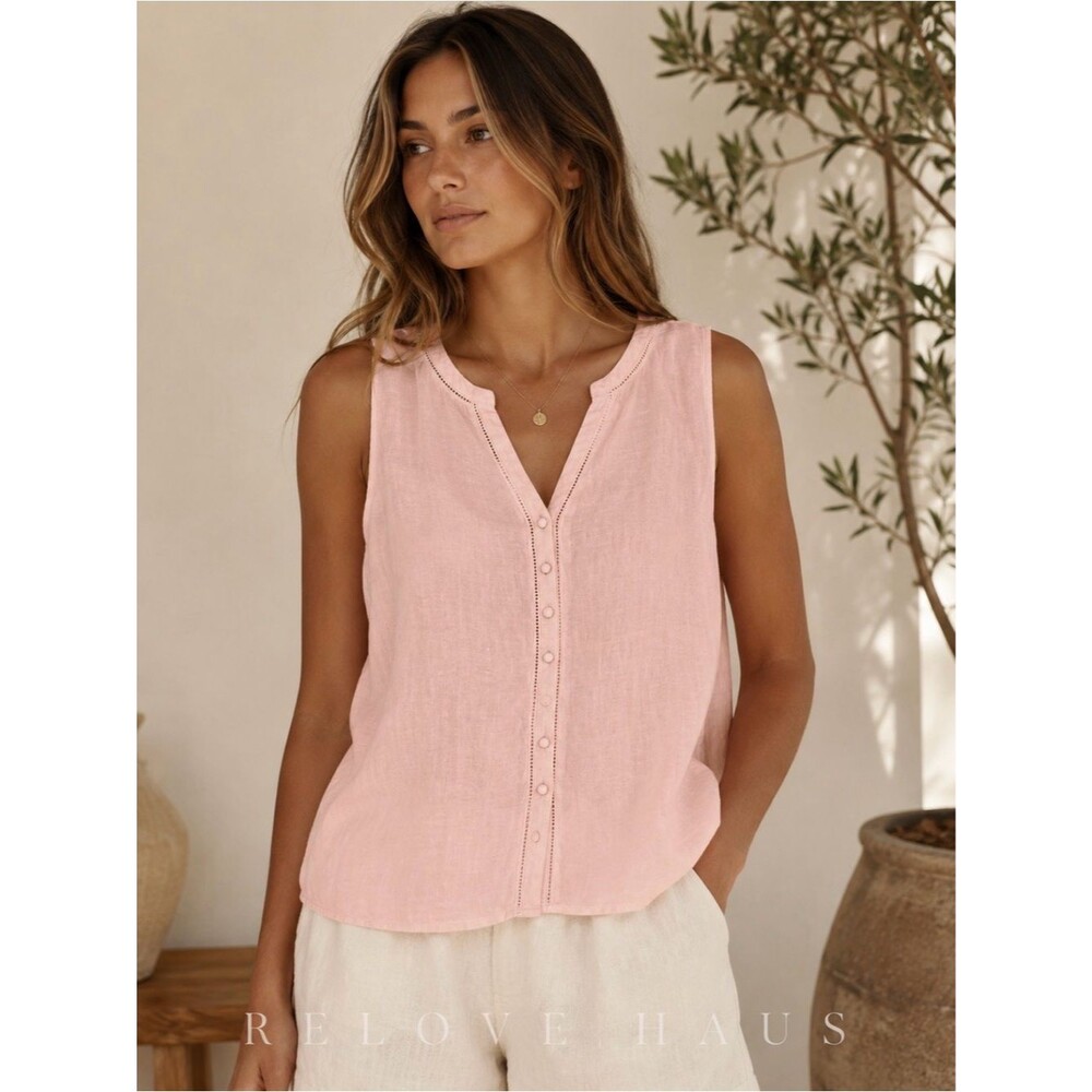 Joie 100% Linen Pink Button Front Eyelet Sleeveless Tank Top XL Minimalist